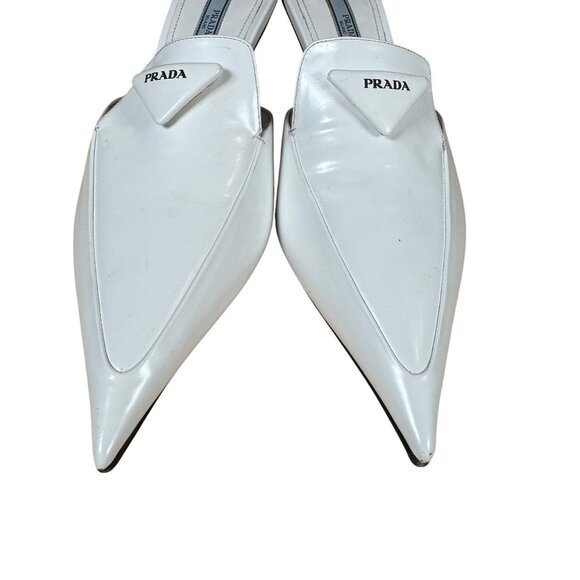 Prada White Spazzolato Triangle Logo 55M Pointed Toe Mules Heels Size 39 - Picture 4 of 13
